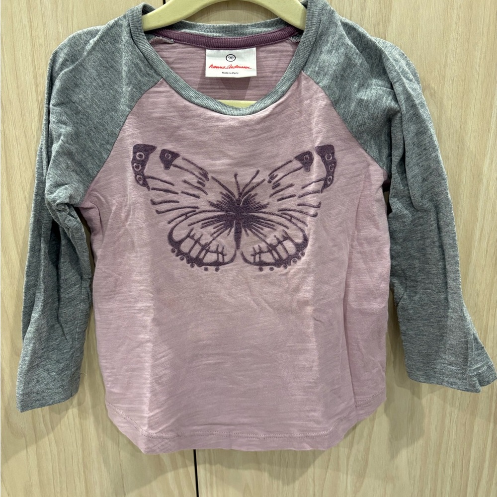 Hanna Andersson Purple & Gray Butterfly Tee with 3/4 length sleeves